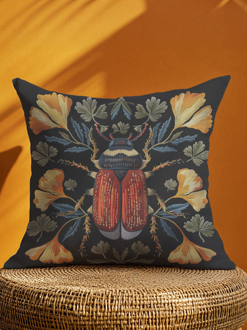 Luxury black pillowcase featuring a detailed scarab beetle with vibrant red-orange wings and dark thorax, surrounded by symmetrical golden ginkgo leaves and blue-green foliage. The intricate entomology artwork creates a striking focal point with scientific precision and artistic flair.
